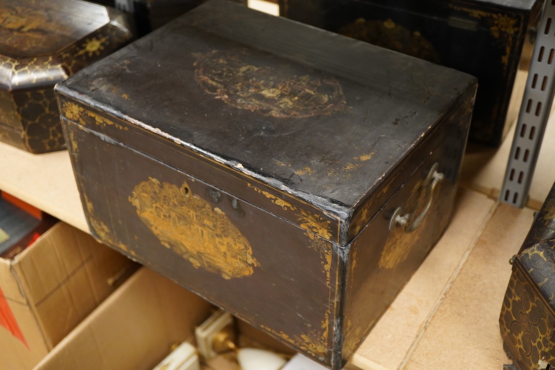 Three 19th-century Chinese gilt-decorated black lacquer sewing boxes, two containing bone sewing accessories, together with a similar tea chest (4) largest box- 33.3cm wide x 20cm high